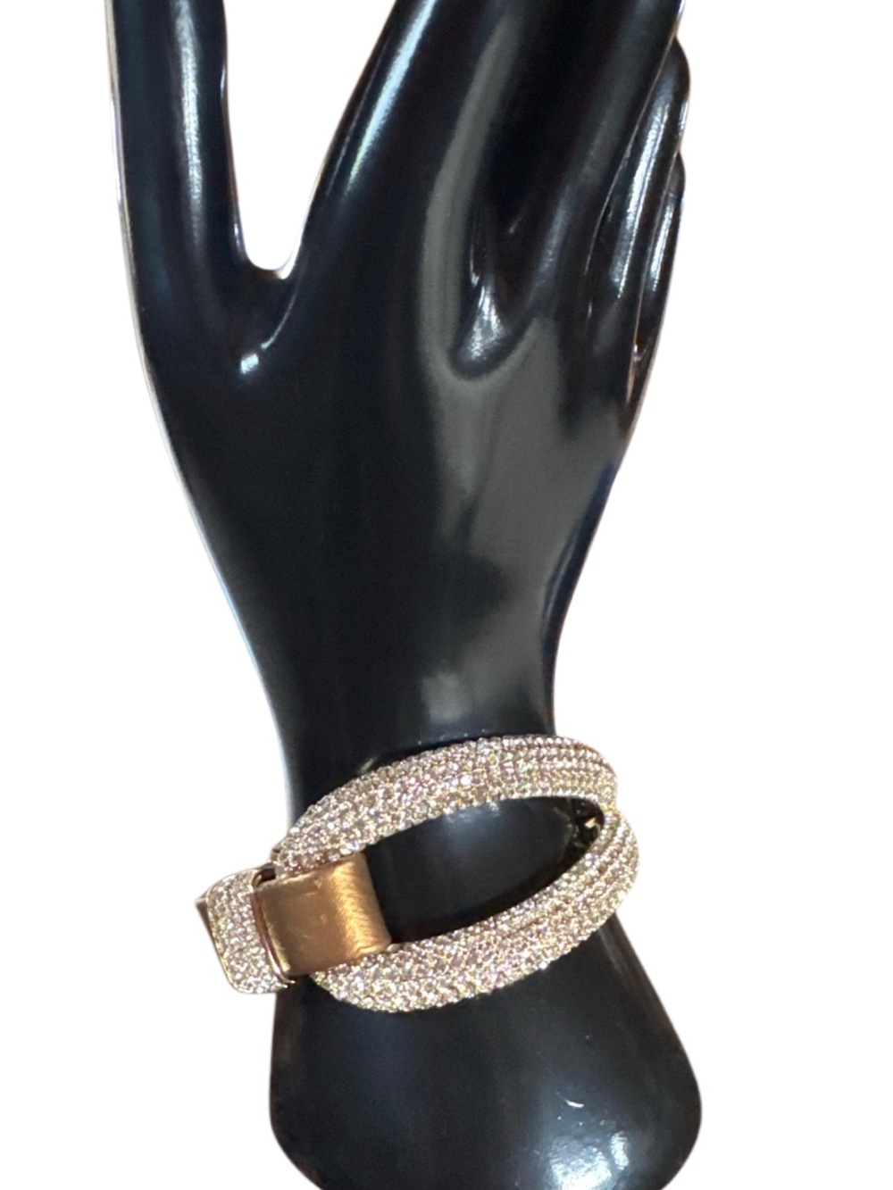 Joan Boyce 'Edgy Diva' Goldtone Clear Crystals GoldenLeather 6.1" Bracelet Cuff